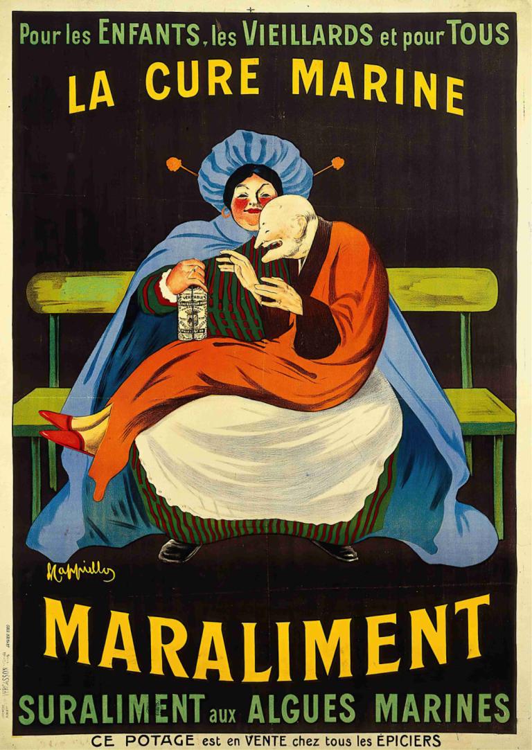 Maraliment,Leonetto Cappiello,Illustration,Illustration, fine art parody, parody, 1boy, sitting, english text