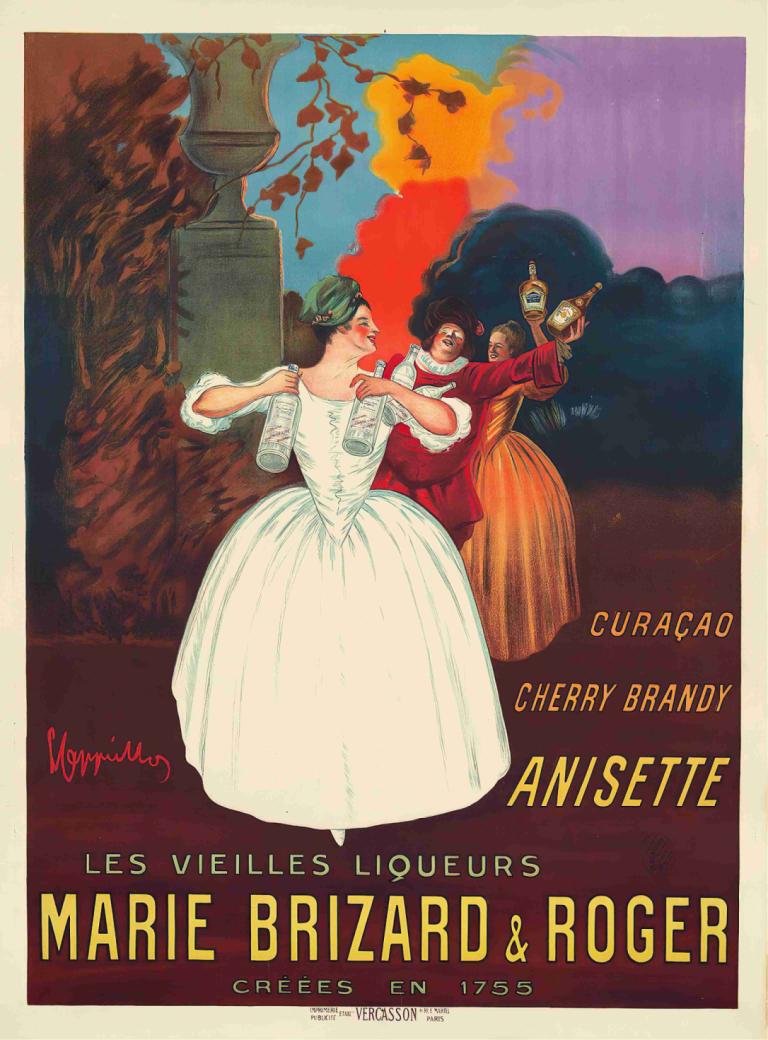 Marie Brizard & Roger,Marie Brizard y Roger,Leonetto Cappiello,Ilustración,Ilustración, vestido, parodia