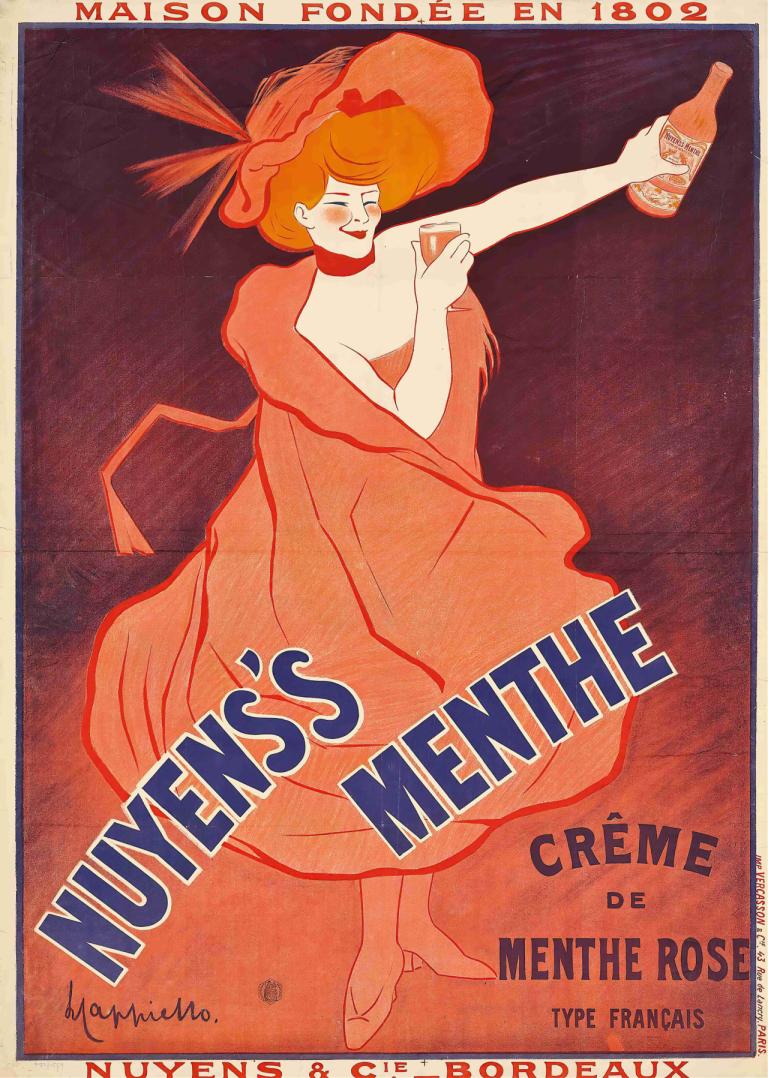 Nuyens's Menthe,누옌스 멘테,Leonetto Cappiello,레오네토 카피엘로,일러스트레이션,일러스트레이션, 여자 1명, 독주, 드레스, 병, 감긴 눈, 모자, 술, 영어 텍스트