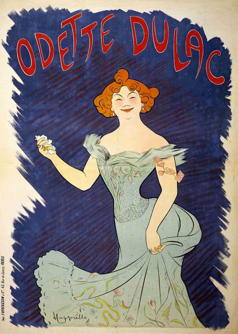 Odette Dulac,Leonetto Cappiello,Illustration,Illustration, 1girl, solo, dress, closed eyes, jewelry, earrings