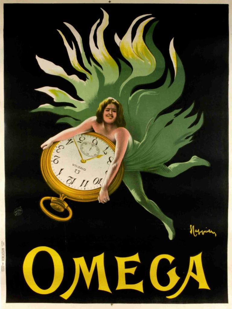 Omega,Leonetto Cappiello,Illustrazione,Illustrazione, assolo, parodia, 1 ragazza, orologio