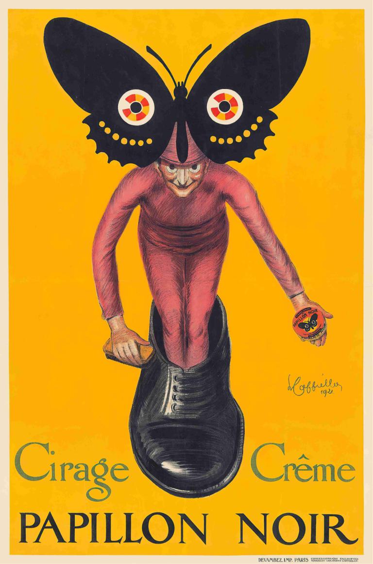 Papillon Noir,Leonetto Cappiello,Ilustracija,Ilustracija, solo, 1 fant, moški fokus, avtorsko ime, škornji