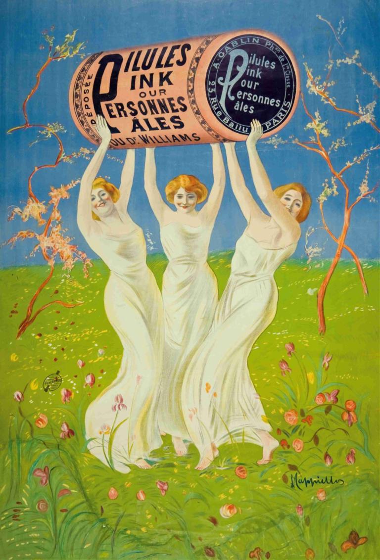 Pilules Pink Pour Personnes Pâles,창백한 사람들을 위한 핑크 알약,Leonetto Cappiello,레오네토 카피엘로,일러스트레이션,일러스트레이션, 여러 여자, 꽃