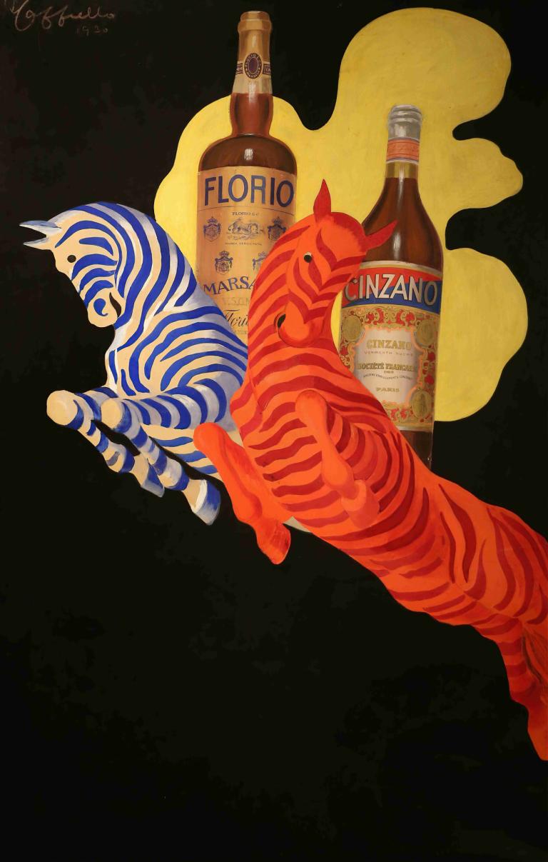 Poster Per Florio Cinzano,弗洛里奥-钦扎诺的海报,Leonetto Cappiello,莱昂内托-卡皮罗,插画,插画, 没有人类, 瓶子, 黑色背景, 签名, 简单的背景, 动物, 动物焦点