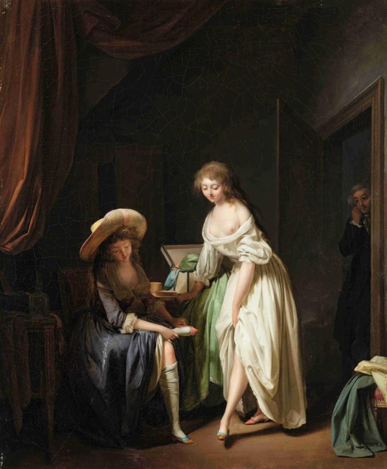 Comparing Little Feet,Louis Léopold Boilly,Oil Painting,Oil Painting, fine art parody, multiple girls, dress