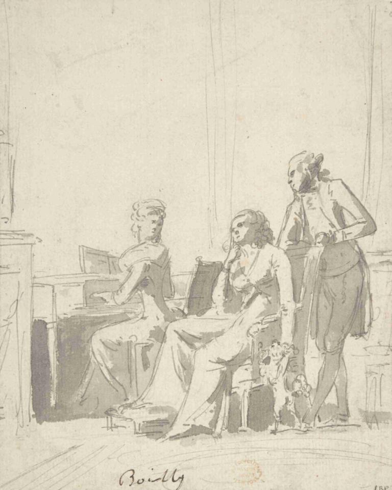 Conversation Piece,Louis Léopold Boilly,Copperplate Etching,Copperplate Etching, multiple girls, monochrome