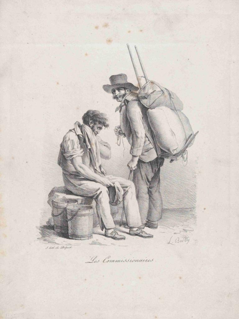 Hired Hands,僱來的工人,Louis Léopold Boilly,路易·利奧波德·博伊爾,銅版畫,銅版畫, 多個男孩, 帽子, 2個男孩, 單色, 男性焦點, 鬍子, 坐著, 包包, 傳統媒體, 背包