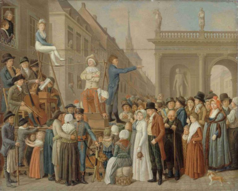 L'Estrade,Louis Léopold Boilly,Oljemålning,Oljemålning, konstparodi, instrument, hatt, flera tjejer