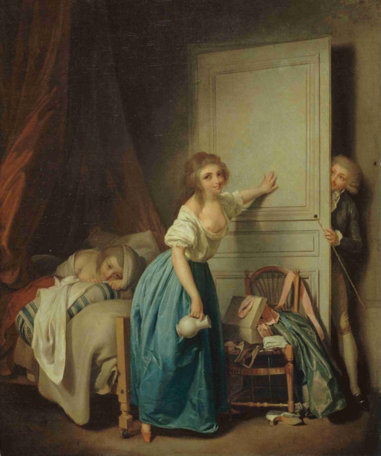 L'Indiscret,Louis Léopold Boilly,Oil Painting,Oil Painting, fine art parody, parody, breasts, multiple girls