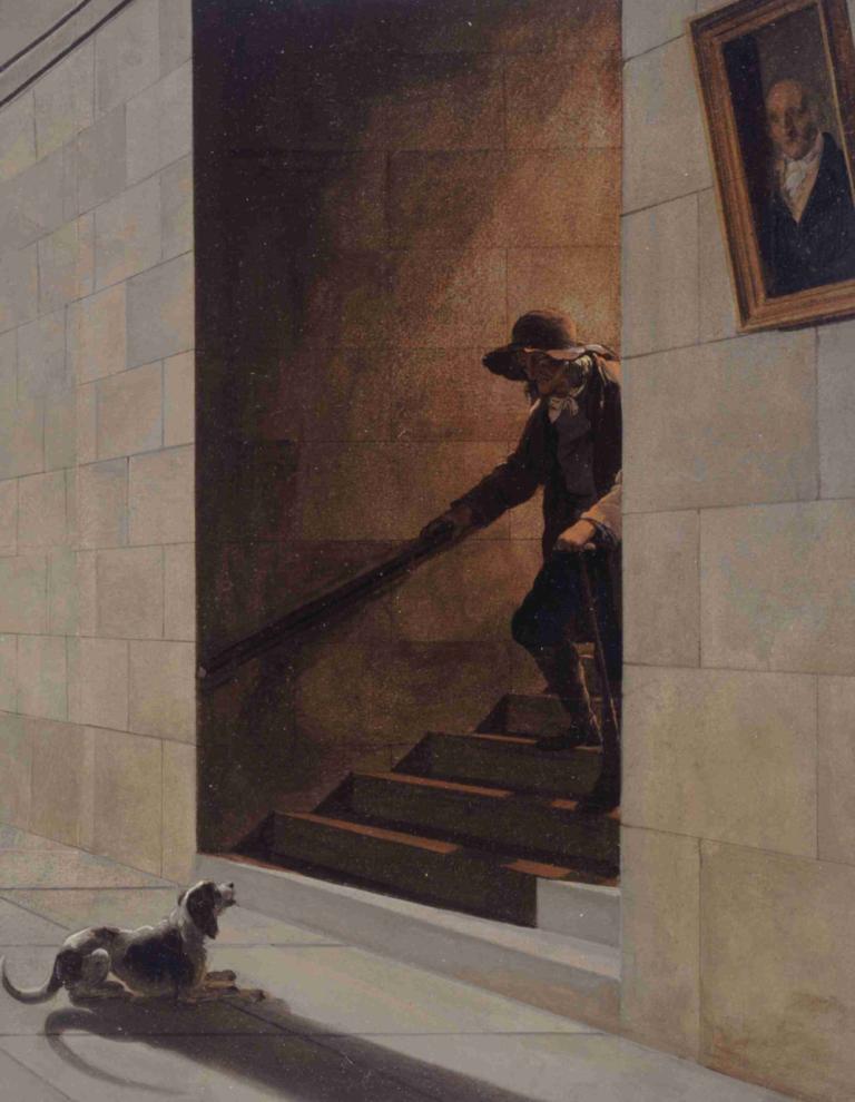 La Descente de l'escalier,Spust po stopnišču,Louis Léopold Boilly,Oljna slika,Oljna slika, klobuk, stopnice