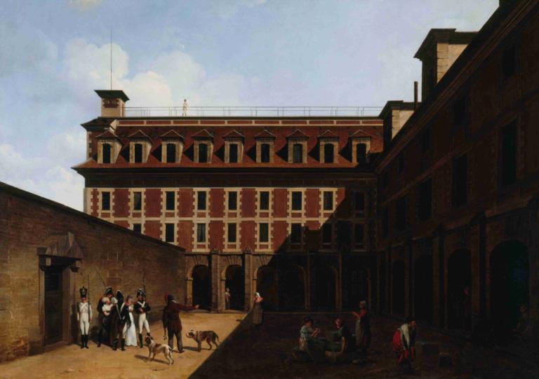 La Prison Des Madelonnettes, Rue Des Fontaines,Louis Léopold Boilly,路易-莱奥波尔德-布瓦伊,油画,油画, 多个男孩, 户外, 天空, 天, 6+男孩