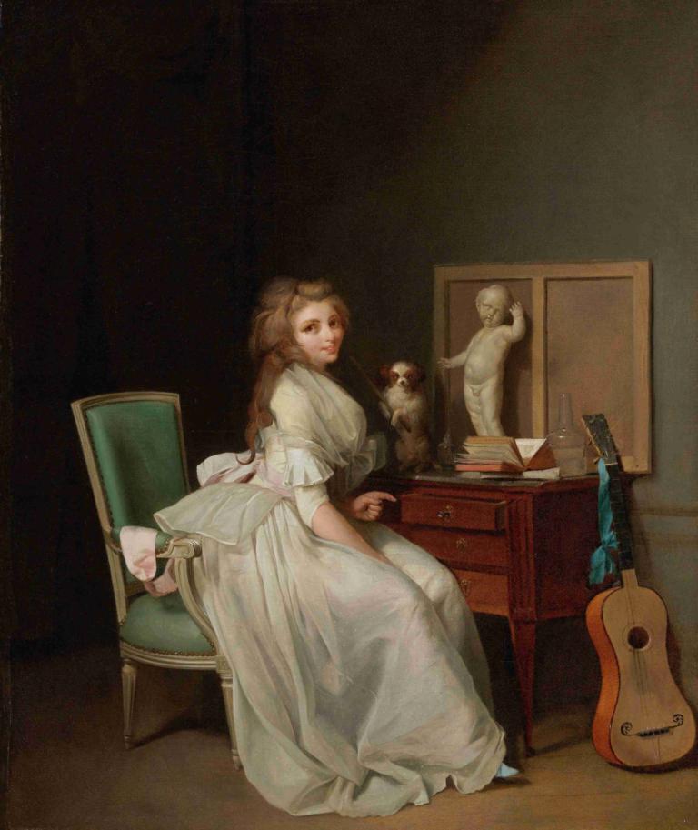 Lady In A White Dress Seated At Her Desk,Louis Léopold Boilly,Oil Painting,Oil Painting, 1girl