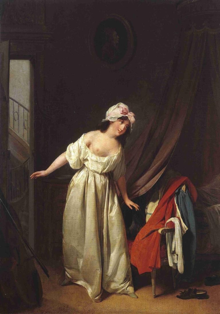 Le Doux Réveil,Louis Léopold Boilly,Ελαιογραφία,Ελαιογραφία, παρωδία καλών τεχνών, 1 κορίτσι, παρωδία, φόρεμα