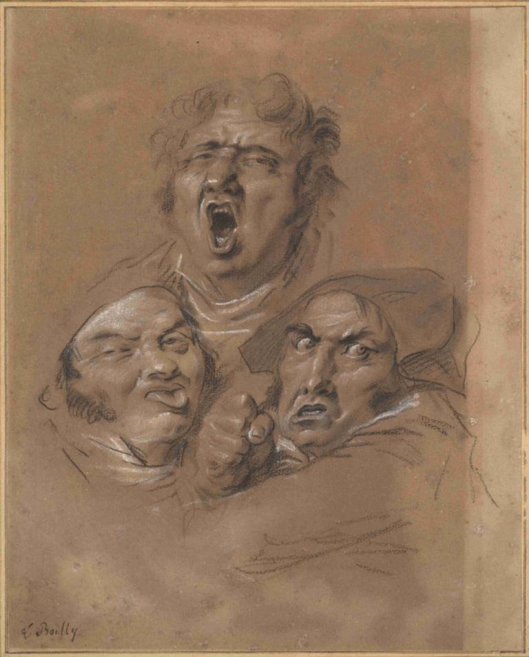 Study of Three Heads,三个头的研究,Louis Léopold Boilly,路易-莱奥波尔德-布瓦伊,油画,油画, 多个男孩, 张开嘴, 男性焦点, 传统媒体, 单色, 3个男孩, 秃, 草图