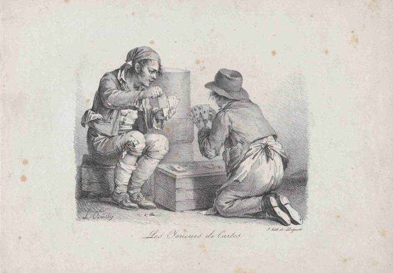 The Card Players,玩牌者,Louis Léopold Boilly,路易-莱奥波尔德-布瓦伊,铜版画,铜版画, 帽子, 单色, 头巾, 2个男孩, 多个男孩, 传统媒体, 跪着, 男性焦点, 一个膝盖