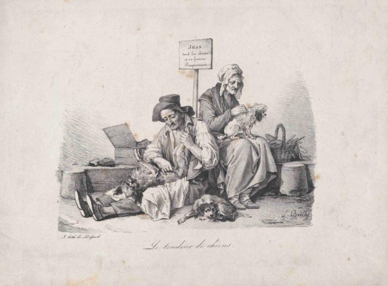 The Dog Shearer,剪毛狗,Louis Léopold Boilly,路易-莱奥波尔德-布瓦伊,铜版画,铜版画, 老的, 单色, 老人, 多个男孩, 帽子, 老妇人, 坐着, 狗, 2个男孩, 胡子