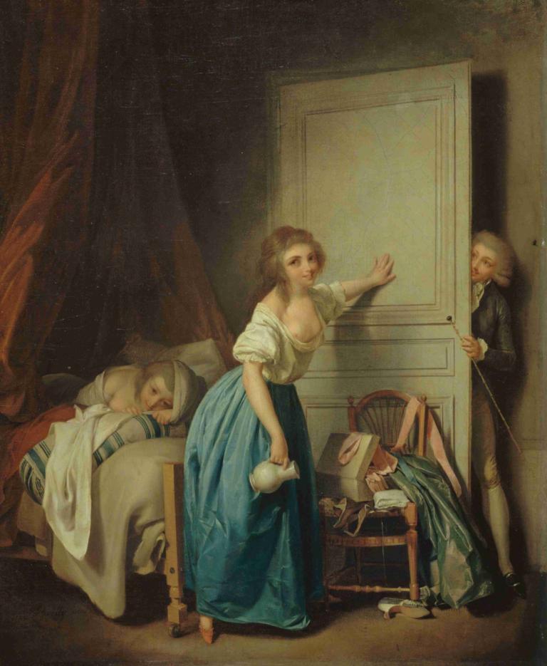 The Indiscret,Die Indiskretion,Louis Léopold Boilly,Ölgemälde,Ölgemälde, Kunstparodie, Parodie, alt, Brüste