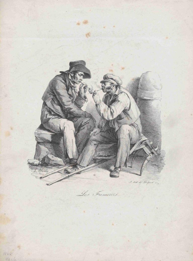 The Smokers,吸烟者,Louis Léopold Boilly,路易-莱奥波尔德-布瓦伊,铜版画,铜版画, 2个男孩, 多个男孩, 帽子, 单色, 老的, 传统媒体, 胡子, 男性焦点, 胡须, 坐着, 老人