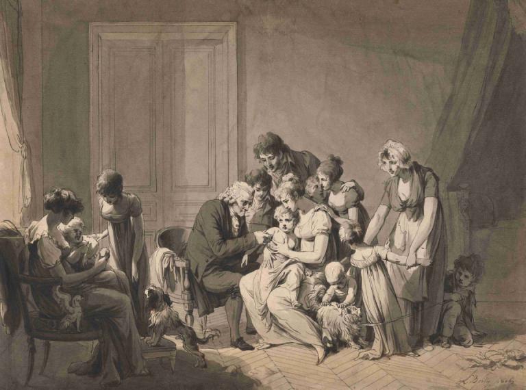 The Vaccine,疫苗,Louis Léopold Boilly,路易-莱奥波尔德-布瓦伊,铜版画,铜版画, 多个女孩, 多个男孩, 单色, 坐着, 婴儿, 狗, 椅子, 家庭, 长发, 裙子, 老的, 发髻