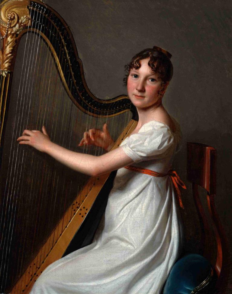 The Young Harpist,年轻的竖琴演奏家,Louis Léopold Boilly,路易-莱奥波尔德-布瓦伊,油画,油画, 1个女孩, 美术模仿, 乐器, 独奏, 裙子, 实际的, 棕色的头发, 竖琴