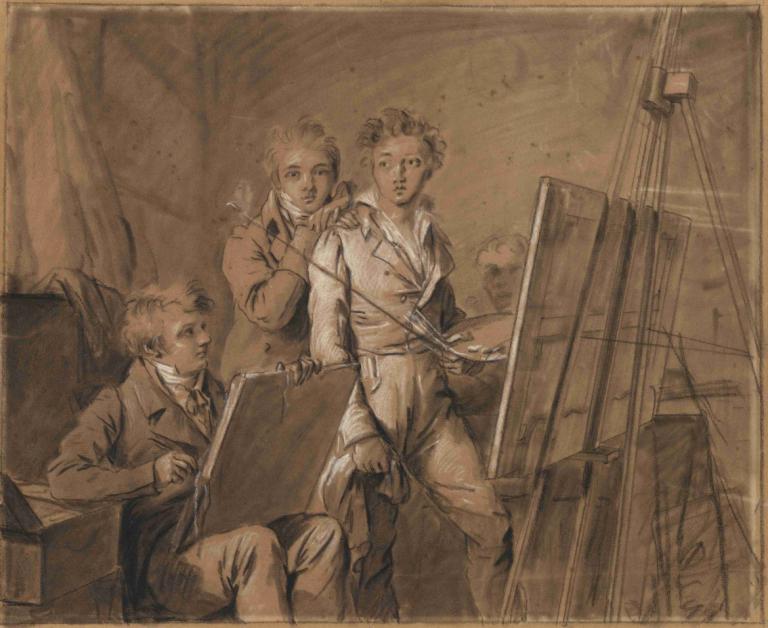 Three Young Artists in a Studio,工作室里的三位年轻艺术家,Louis Léopold Boilly,路易-莱奥波尔德-布瓦伊,油画,油画, 多个男孩, 棕褐色, 棕色主题, 坐着