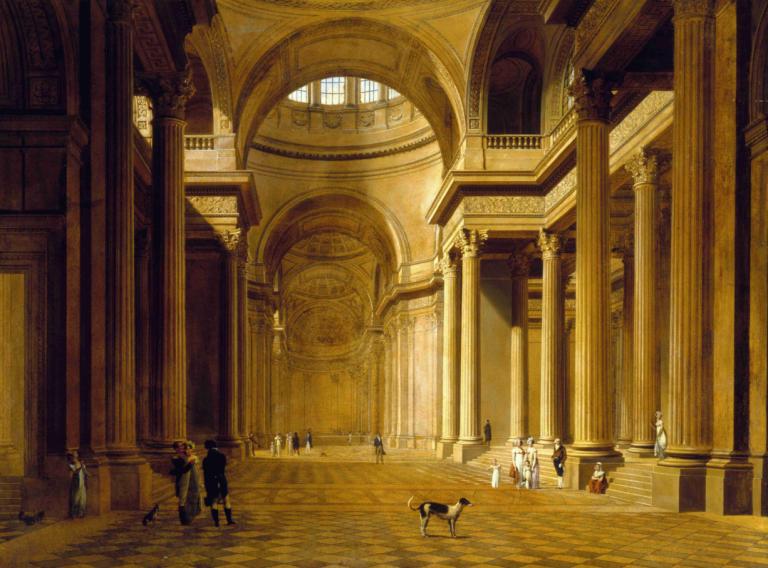 Vue Intérieure Du Panthéon,万神殿内景,Louis Léopold Boilly,路易-莱奥波尔德-布瓦伊,油画,油画, 风景, 多个男孩, 柱子, 拱, 支柱, 雕像, 6+男孩, 狗