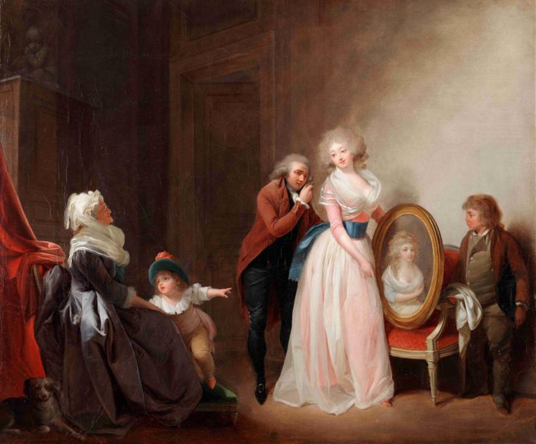 Woman Showing Her Portrait,展示肖像的女子,Louis Léopold Boilly,路易-莱奥波尔德-布瓦伊,油画,油画, 美术模仿, 多个女孩, 老妇人, 多个男孩, 裙子, 戏仿, 帽子