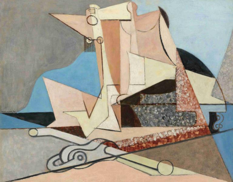 Figures Et Ancre Marine,Louis Marcoussis,Oil Painting,Oil Painting, abstract, no humans, solo, surreal