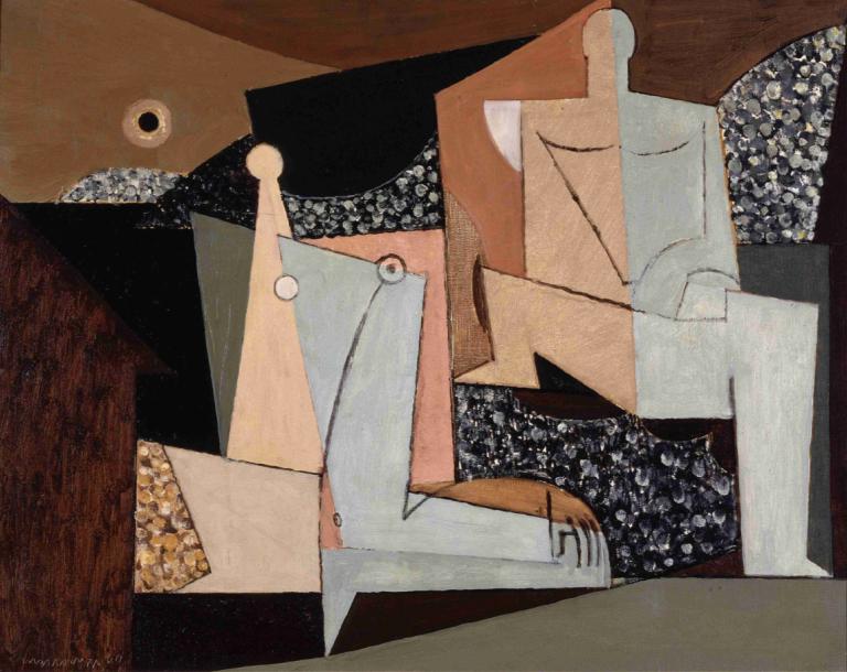 Figures on a Beach,Figurer på en strand,Louis Marcoussis,Oliemaleri,Oliemaleri, surrealistisk, solo, abstrakt