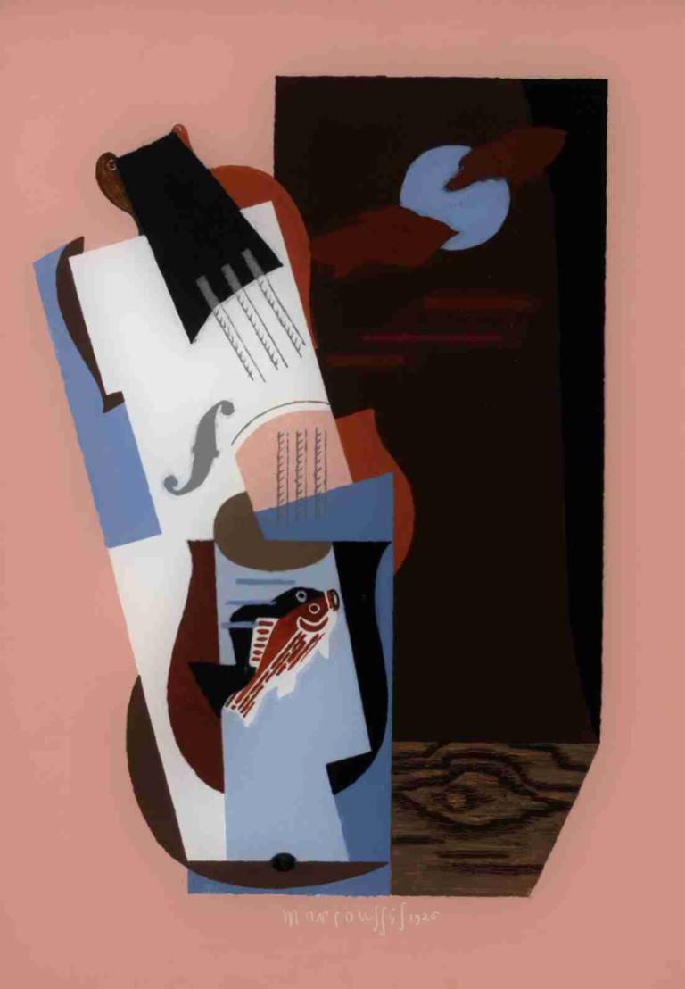 Fish,Louis Marcoussis,Oil Painting,Oil Painting, border, no humans, solo, english text, pink background