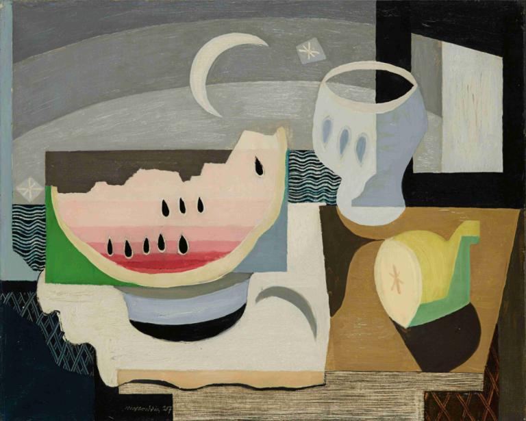 La Tranche De Pastèque,Louis Marcoussis,Oil Painting,Oil Painting, fruit, food, cup, watermelon, no humans