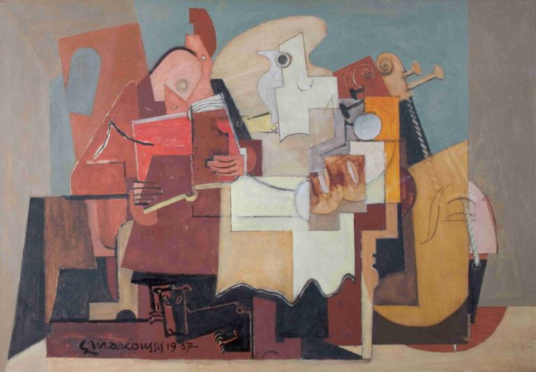 Le Lecteur,El lector,Louis Marcoussis,Pintura al óleo,Pintura al óleo, robot, tenencia, no humanos, libro