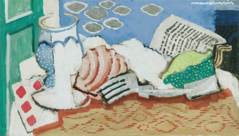 Nature Morte Au Journal,Louis Marcoussis,Oil Painting,Oil Painting, food, fork, no humans, table, food focus