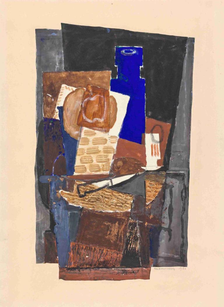 Still Life with Knife,Stilleben med kniv,Louis Marcoussis,Oljemålning,Oljemålning, inga människor, mat