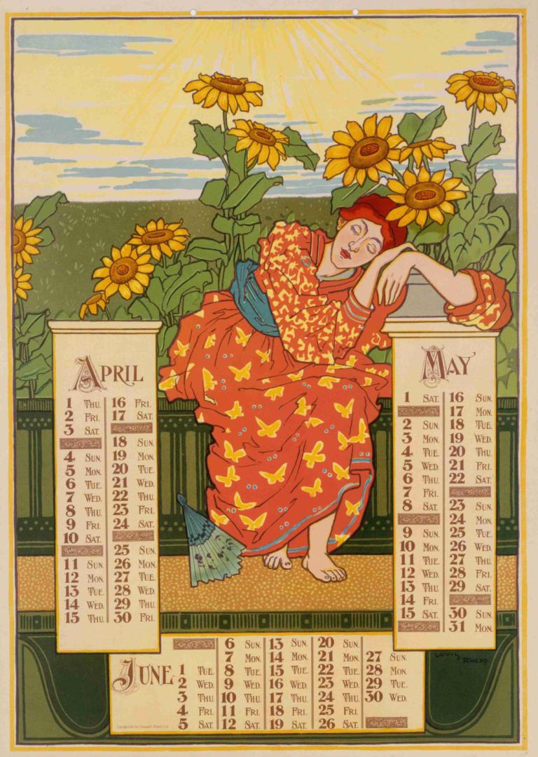 April, May, June,Louis Rhead,Illustration,Illustration, flower, sunflower, 1girl, barefoot, dress, solo