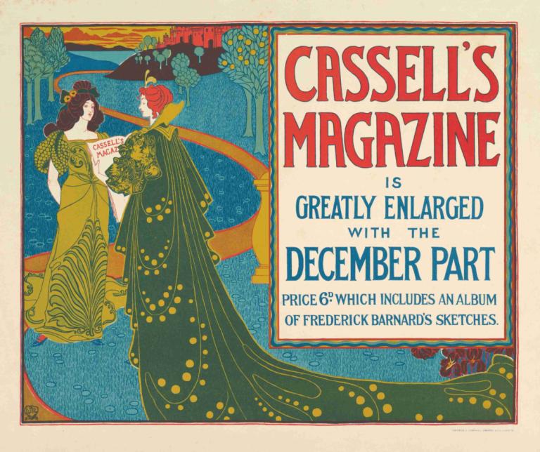 Cassell's Magazine; December,卡塞尔杂志》12 月刊,Louis Rhead,路易斯-雷德,插画,插画, 多个女孩, 裙子, 英文文本, 2个女孩, 红发, 绿色连衣裙, 黑发, 轮廓, 长发