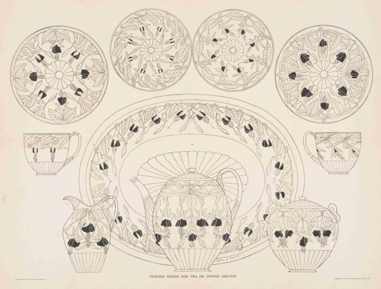 Fuschia design for tea or coffee service,Fuusianvärinen muotoilu teen tai kahvin tarjoiluun,Louis Rhead,Kuva