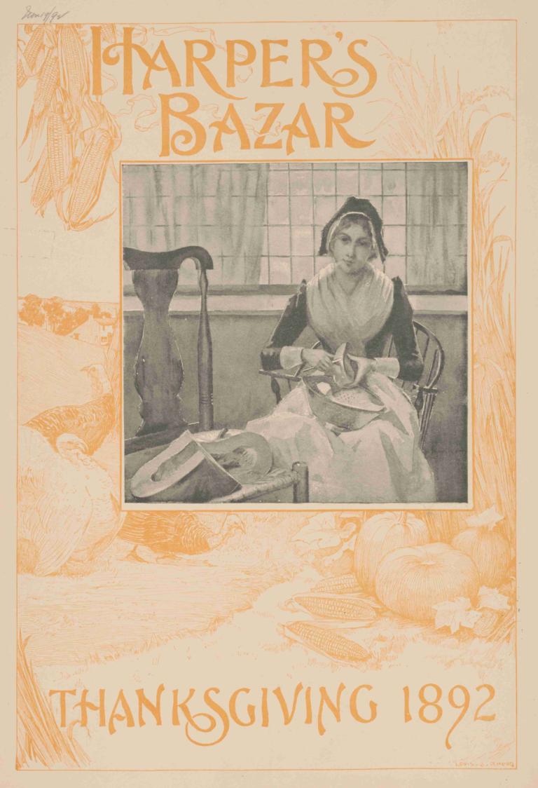 Harper's Bazar Thanksgiving 1892,Louis Rhead,Illustration,Illustration, 1girl, chair, sitting, monochrome