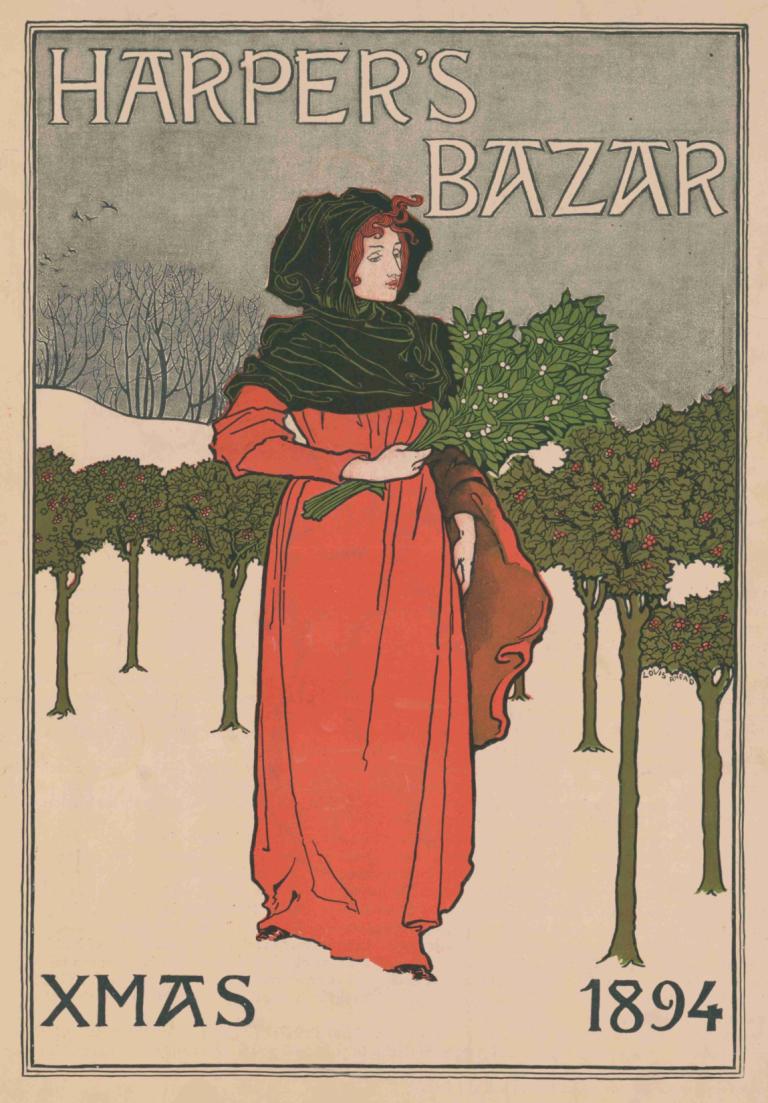 Harper's Bazar, Xmas 1894,Louis Rhead,Illustration,Illustration, 1girl, solo, holding, dress, fine art parody