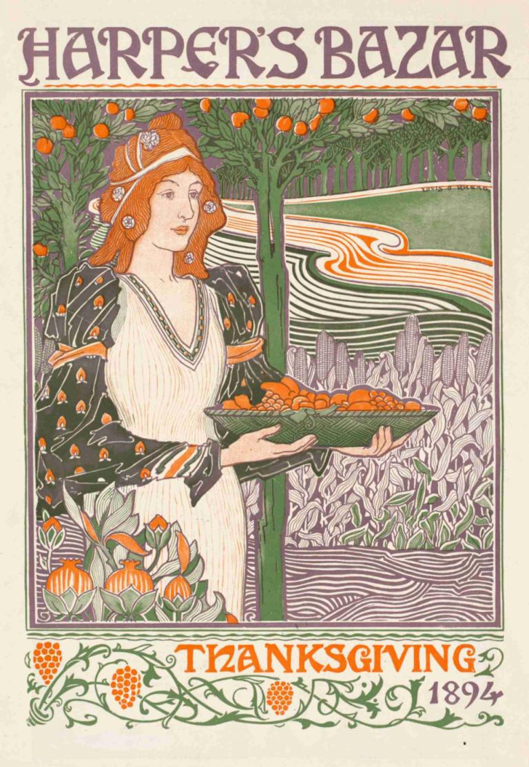 Harper's bazar Thanksgiving 1894,Louis Rhead,Illustration,Illustration, 1girl, solo, fruit, food