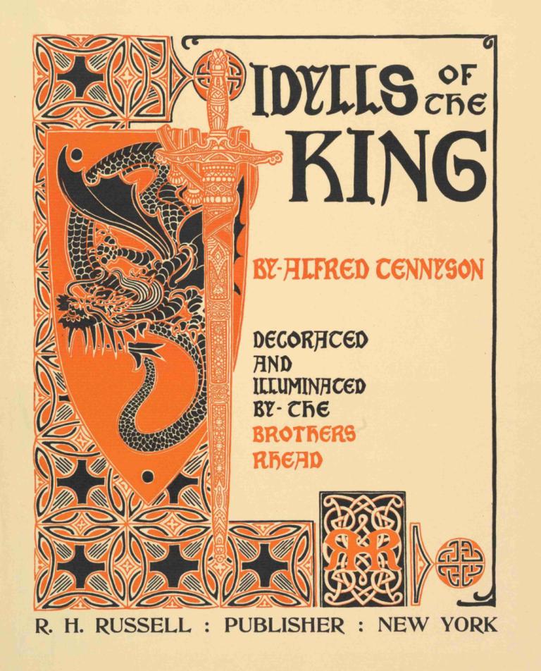 Idylls of the King by Alfred Tennyson,阿尔弗雷德-丁尼生的《国王田园诗,Louis Rhead,路易斯-雷德,插画,插画, 剑, 武器, 没有人类, 英文文本, 龙, 幻想