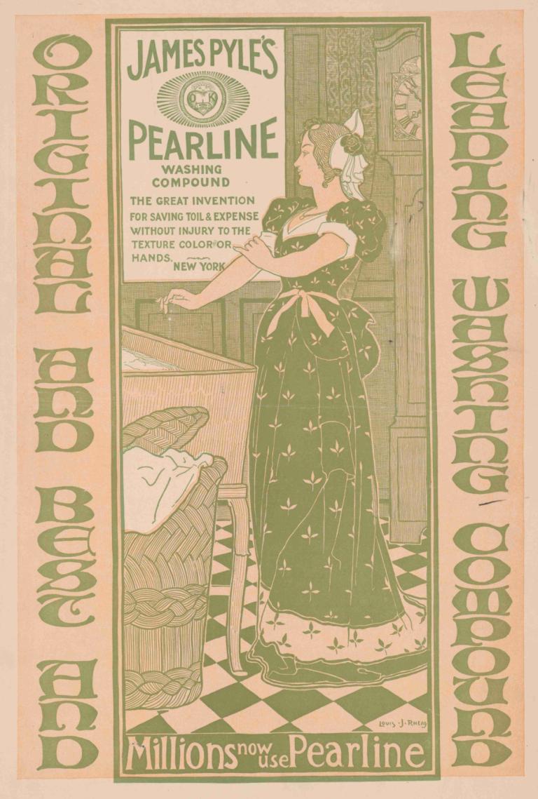 James Pyle's pearline washing compund,ジェームズ・パイルの梨地洗濯機,Louis Rhead,ルイス・ルヘッド,イラスト,イラスト, 1女の子, ドレス, ソロ, 英語のテキスト