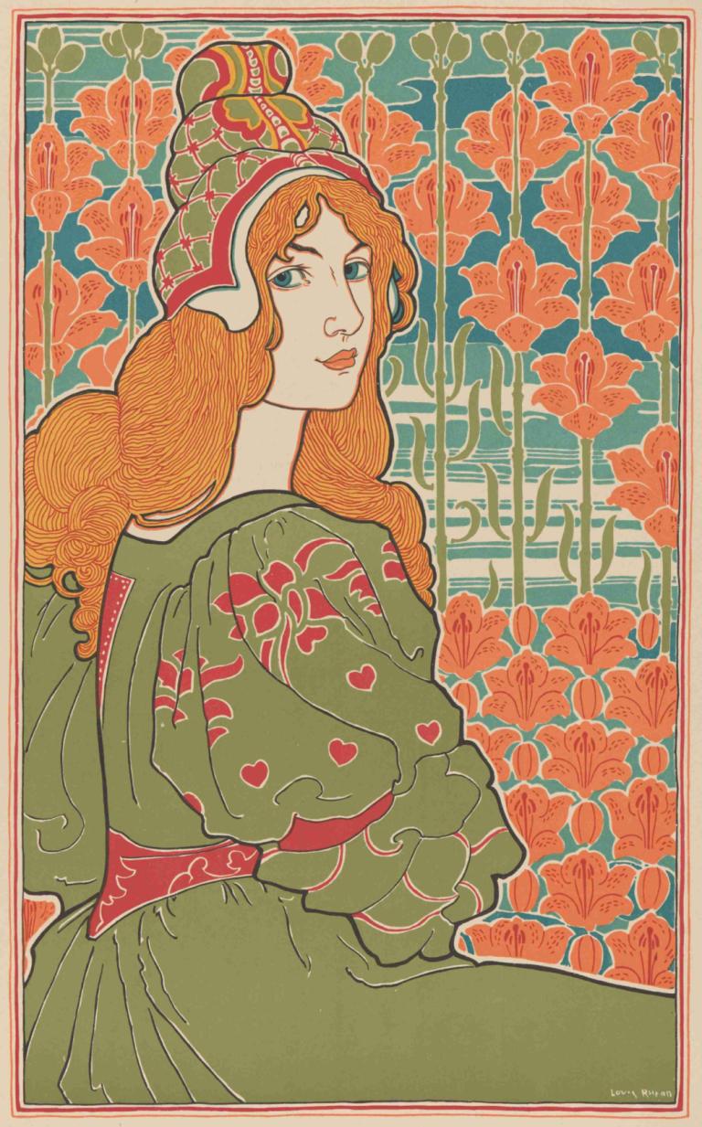 Jane,Louis Rhead,Illustration,Illustration, 1girl, solo, long hair, hat, orange hair, blue eyes, dress