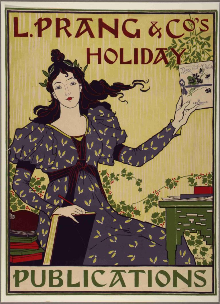 L. Prang and Co's Holiday Publications,L. 프랭 앤 코의 홀리데이 간행물,Louis Rhead,루이스 헤드,일러스트레이션,일러스트레이션, 여자 1명, 독주, 드레스