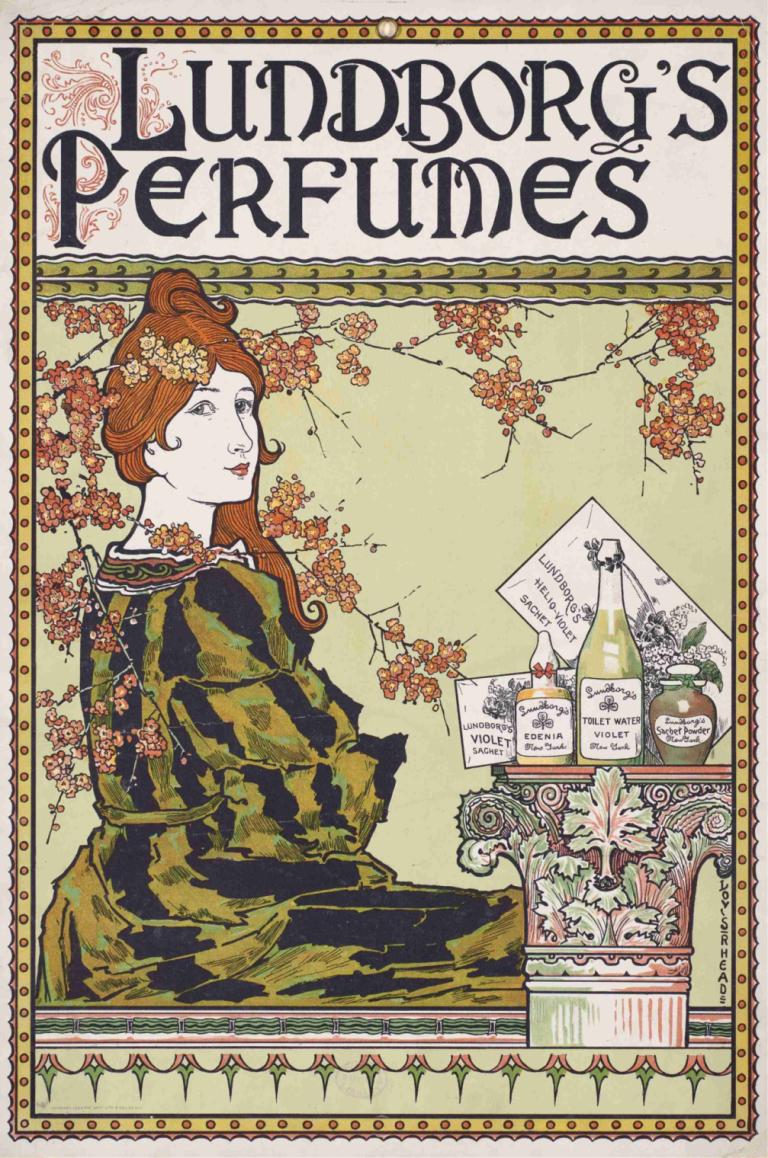 Lundborg's perfumes,伦堡香水,Louis Rhead,路易斯-雷德,插画,插画, 1个女孩, 独奏, 花, 棕色的头发, 英文文本, 坐着, 口红, 长发, 裙子, 新艺术风格