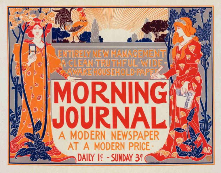 Morning Journal,Jutranji dnevnik,Louis Rhead,Ilustracija,Ilustracija, oranžna tema, angleško besedilo, obleka