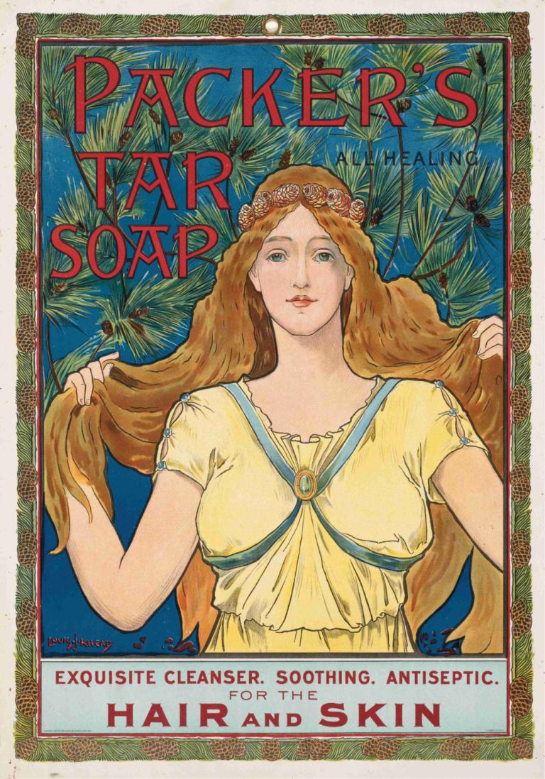 Packer's tar soap,Packers tjärtvål,Louis Rhead,Illustration,Illustration, 1 tjej, solo, långt hår, klänning