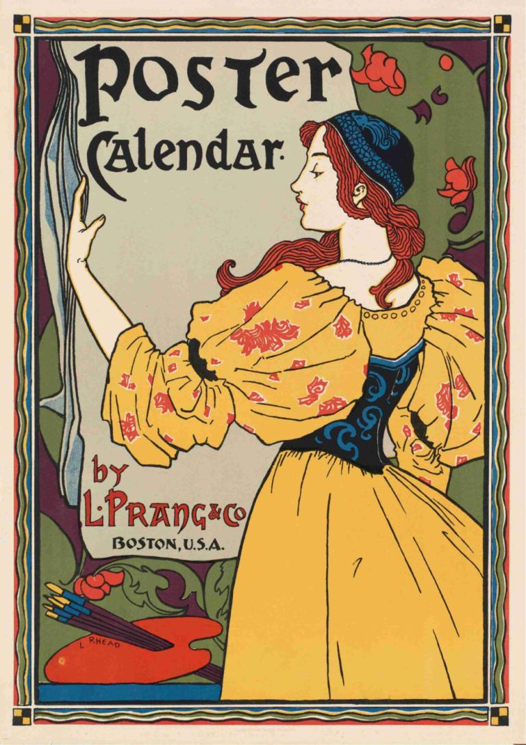 Poster Calendar,Louis Rhead,Illustration,Illustration, 1fille, solo, robe, cheveux longs, fleur, cheveux roux