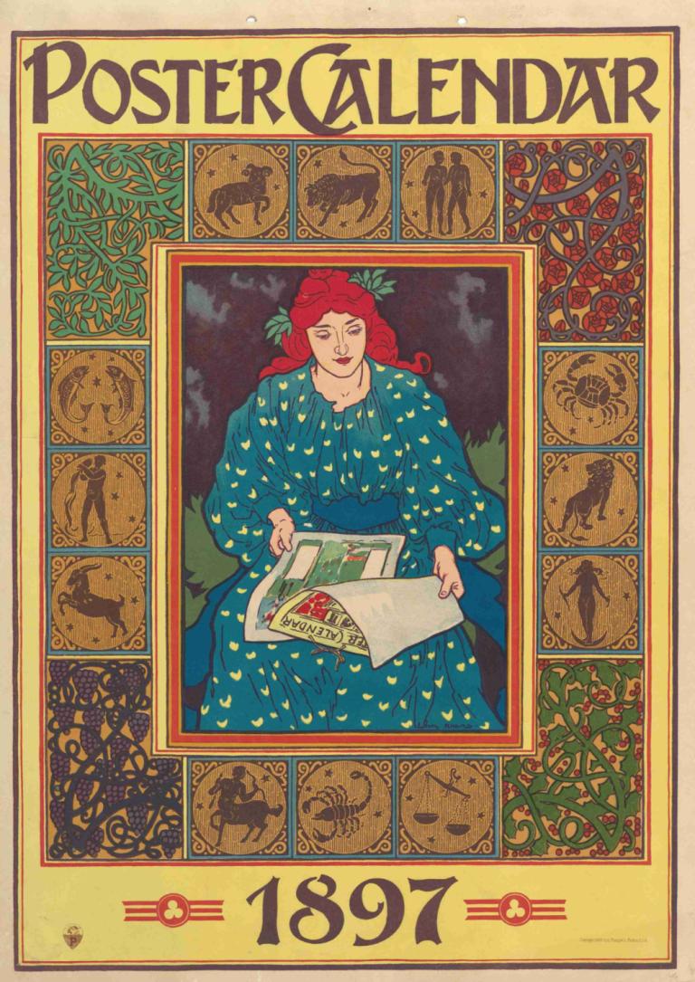 Poster Calendar, 1897,Plakatkalender, 1897,Louis Rhead,Illustration,Illustration, 1 pige, kjole, solo