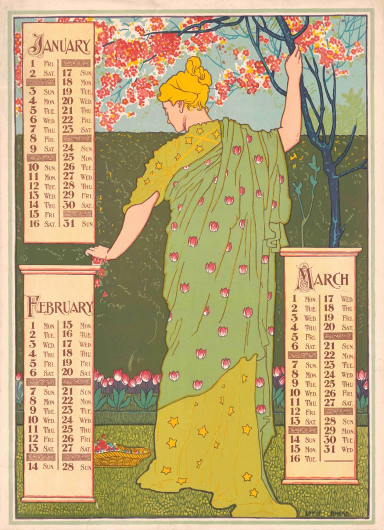 Poster calendar for 1897. January, February, March,Calendrier des affiches pour 1897. Janvier, février, mars